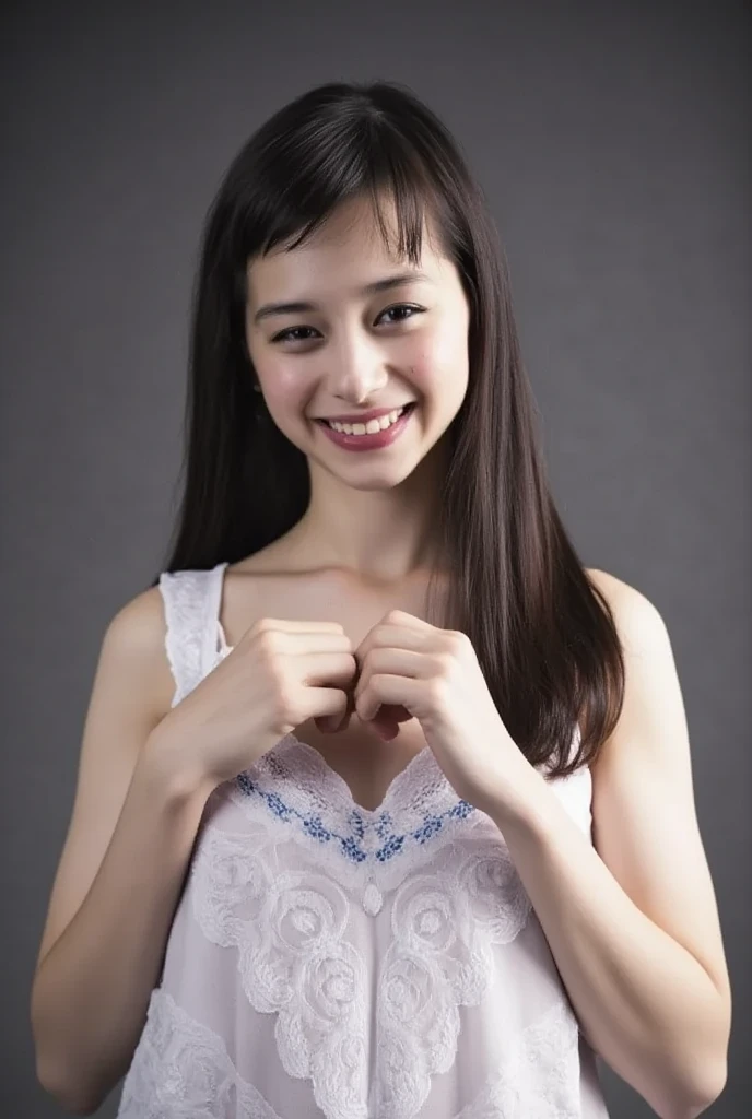 She is in a pose wearing a sexy camisole, making a firm big heart shape with both hands, and holding it in front of her chest, Cute smile up、Monotone background

