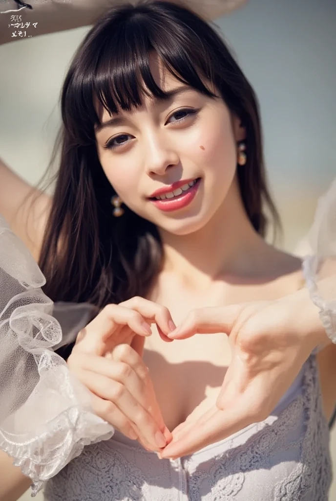 She is in a pose wearing a sexy camisole, making a firm big heart shape with both hands, and holding it in front of her chest, Cute smile up、Monotone background

