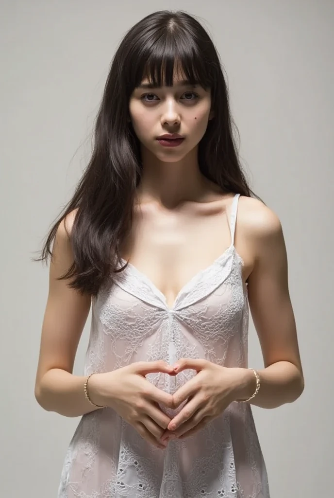 She is in a pose wearing a sexy camisole, making a firm big heart shape with both hands, and holding it in front of her chest, Cute smile up、Monotone background

