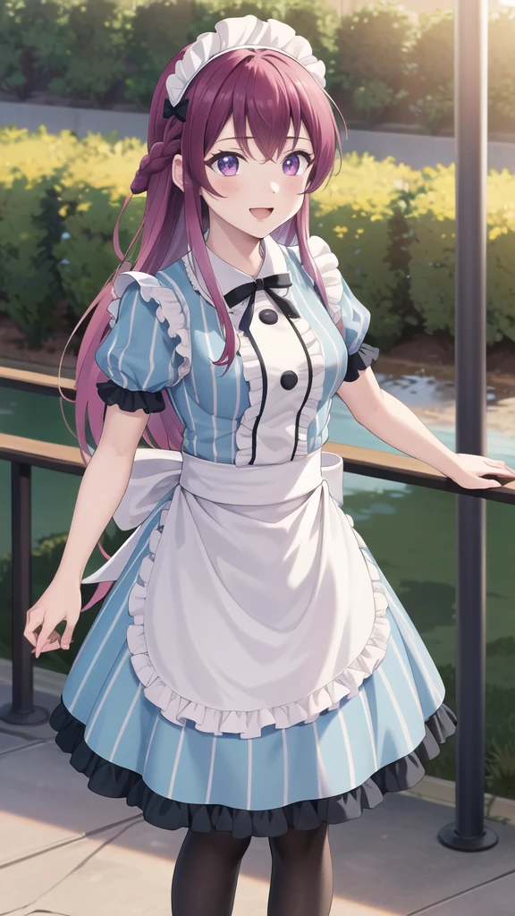 masterpiece, best quality, highres, 1girl, solo, long hair, purple hair, braid, maid headdress, purple eyes, neck ribbon, frills, vertical stripes, blue dress, short sleeves, apron, black pantyhose, standing, cowboy shot, outdoors, smile