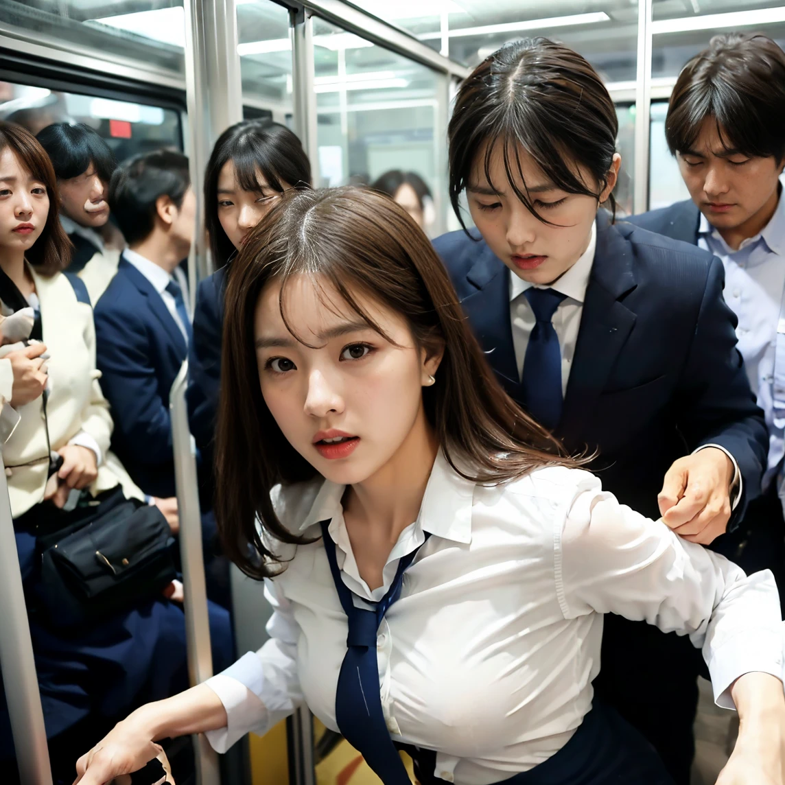 (molestation: 1.5), 1 girl, (full body shot), 1 man, (((office lady being molested: 1.5))), (very beautiful), (beautiful face: 1.5), girl has her hands tied behind her back, girl is crying, (office lady uniform: 1.2), (in a crowded Japanese train: 1.5), man forcefully kisses her, (man takes off her skirt: 1.5), (man holds her breasts: 1.5), (in SFW: 1.1), (((pussy visible through shirt))), (moans of pain: 1.3), (ecstasy: 1.5), and a police woman stands back