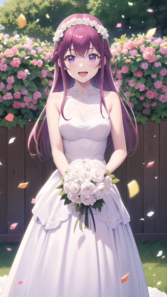 masterpiece, best quality, highres, 1girl, solo, long hair, purple hair, braid, purple eyes, wedding dress, standing, garden, confetti, holding bouquet, smile, open mouth,