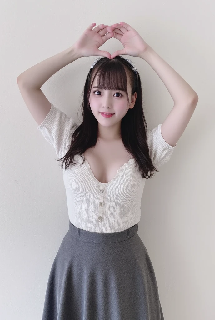 She is in a pose wearing a sexy camisole, making a firm big heart shape with both hands, and holding it in front of her chest, Cute smile up、Monotone background

