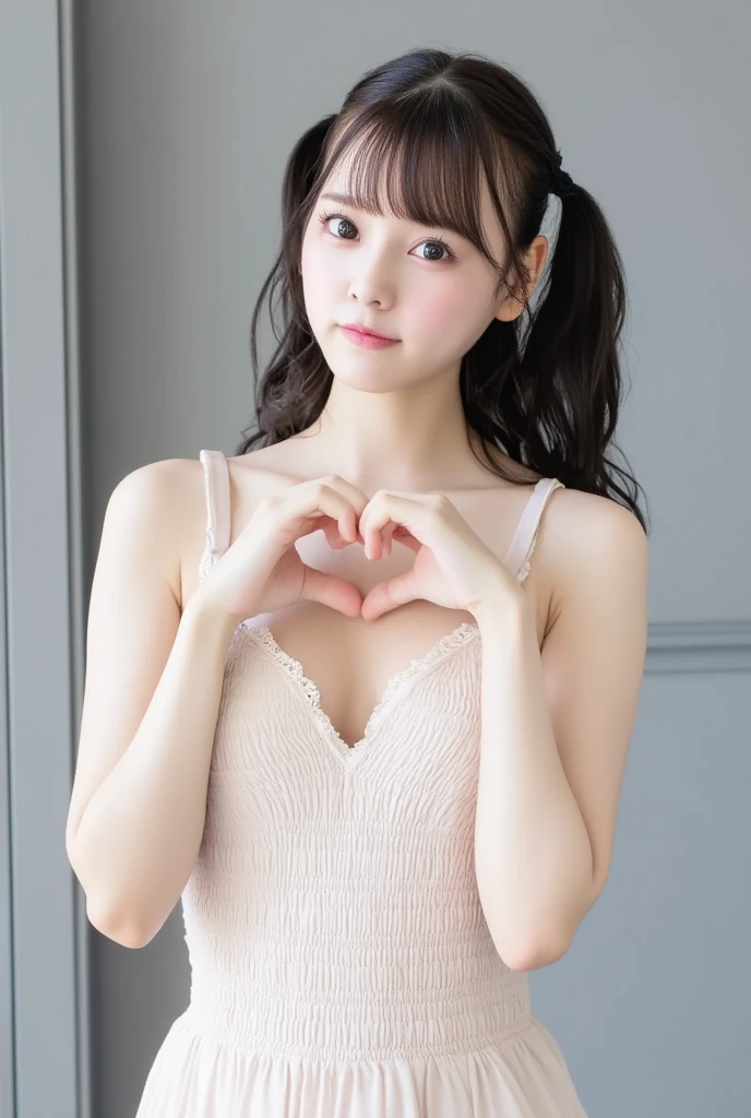 She is in a pose wearing a sexy camisole, making a firm big heart shape with both hands, and holding it in front of her chest, Cute smile up、Monotone background

