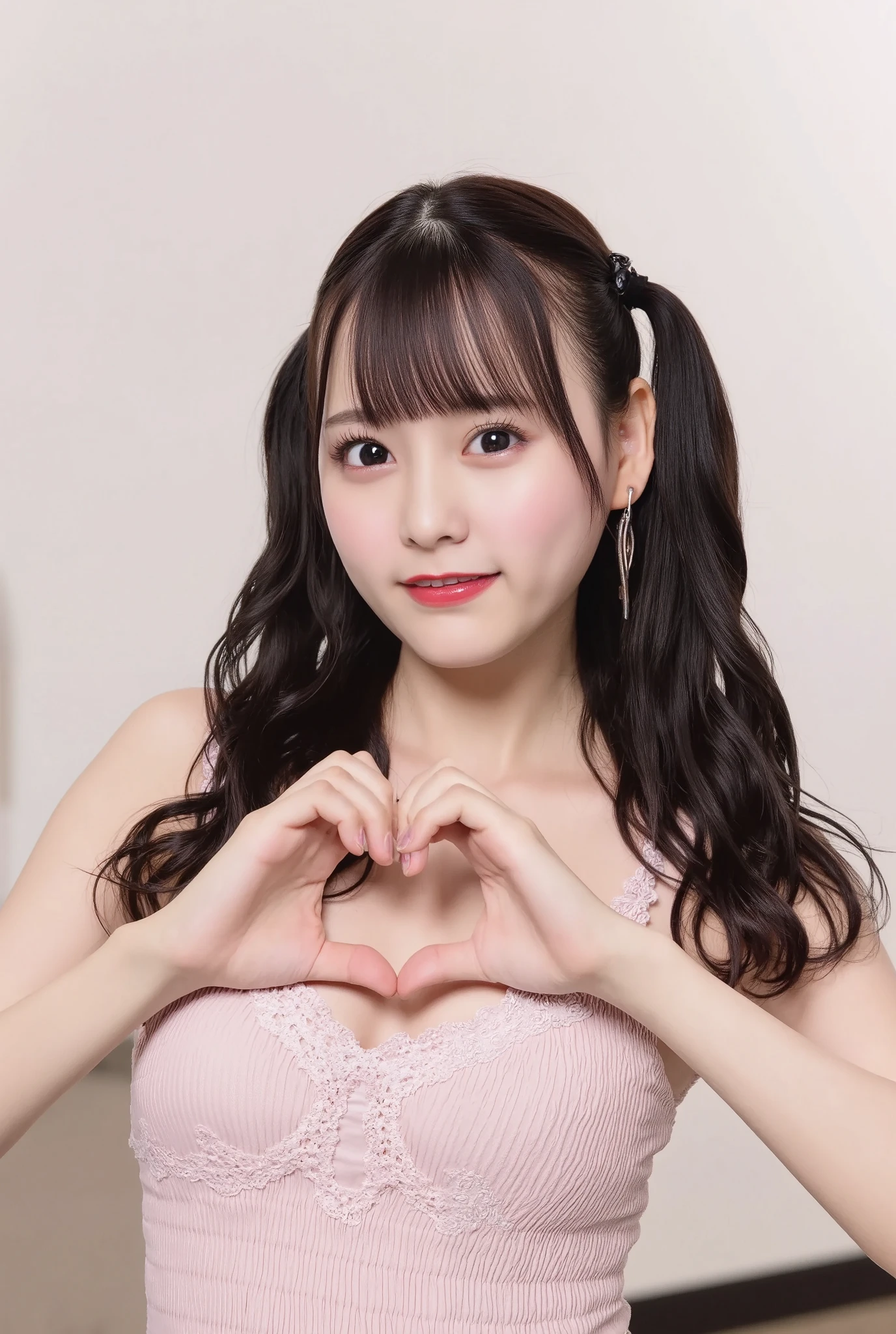 She is in a pose wearing a sexy camisole, making a firm big heart shape with both hands, and holding it in front of her chest, Cute smile up、Monotone background

