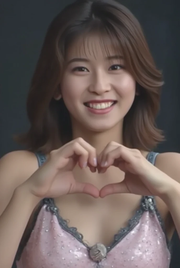 She is in a pose wearing a sexy camisole, making a firm big heart shape with both hands, and holding it in front of her chest, Cute smile up、Monotone background

