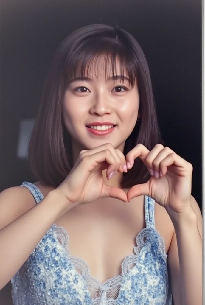 She is in a pose wearing a sexy camisole, making a firm big heart shape with both hands, and holding it in front of her chest, Cute smile up、Monotone background

