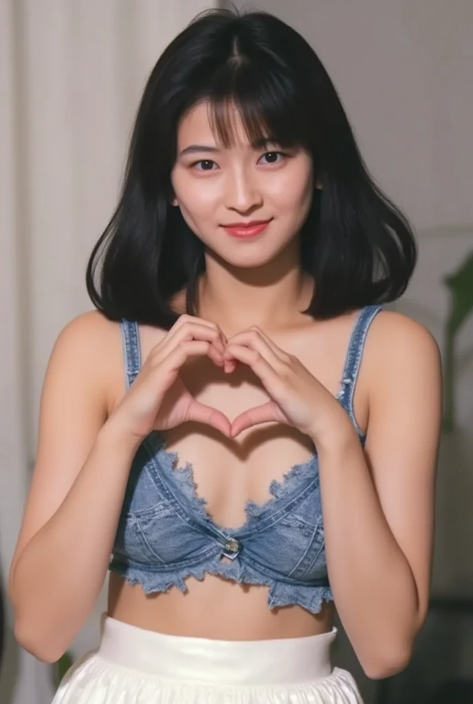 She is in a pose wearing a sexy camisole, making a firm big heart shape with both hands, and holding it in front of her chest, Cute smile up、Monotone background

