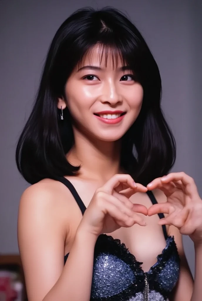 She is in a pose wearing a sexy camisole, making a firm big heart shape with both hands, and holding it in front of her chest, Cute smile up、Monotone background

