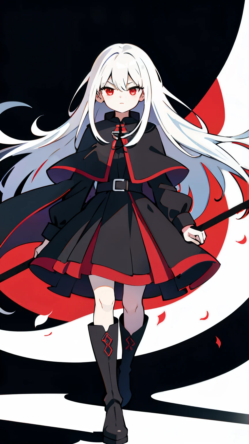 upper body, 1woman, White hair, Long Haired, Red eyes, (Grim Reaper), Black Long Cape, Black Large Scythe, tunic, big breats, wallpaper, Chain background, light particles, (masterpiece), best quality, closed-mouth, add details, high detailed, high contrast shadows, High-contrast lighting, Professional Photography Style, Wide shot full body, boots, clothing accessories, clothing high details