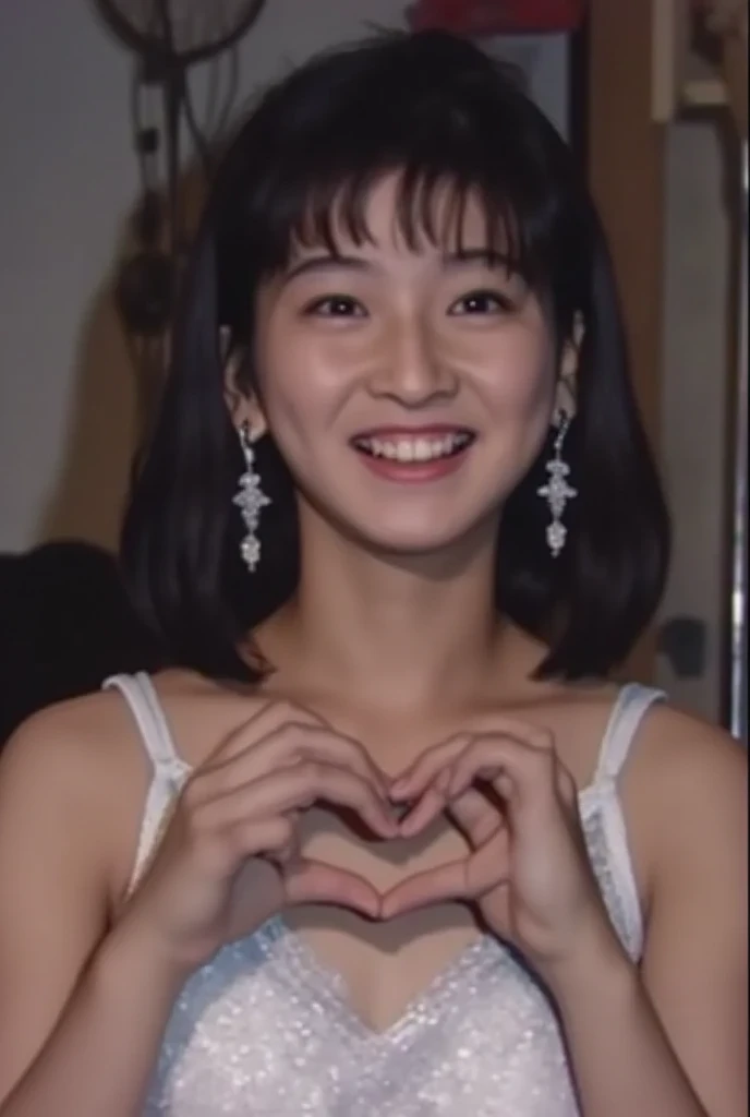 She is in a pose wearing a sexy camisole, making a firm big heart shape with both hands, and holding it in front of her chest, Cute smile up、Monotone background

