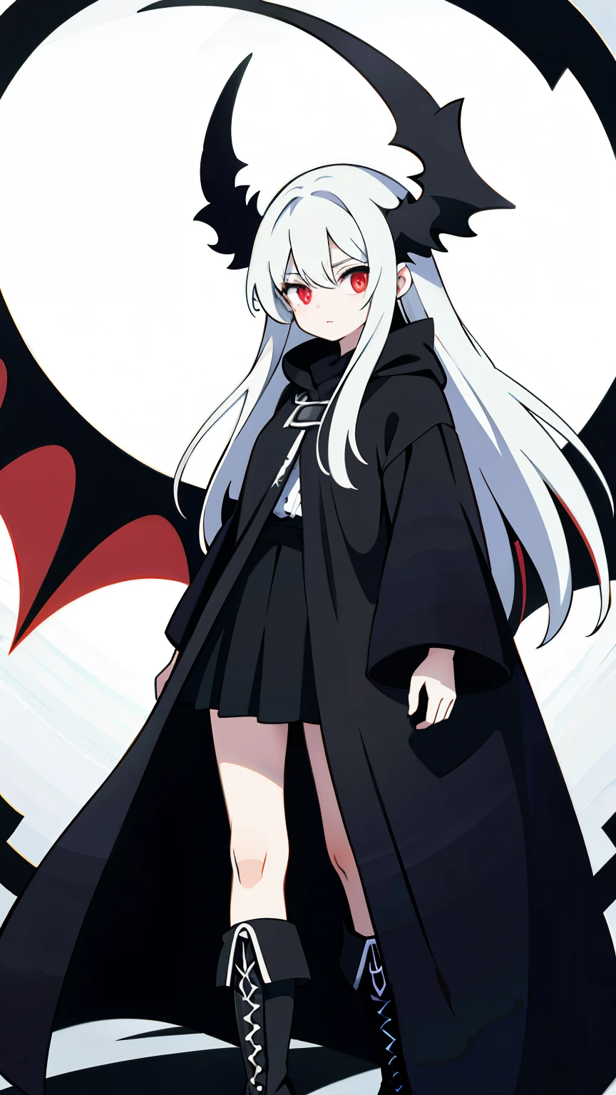 upper body, 1woman, White hair, Long Haired, Red eyes, (Grim Reaper), Black Long Cape, Black Large Scythe, tunic, big breats, wallpaper, Chain background, light particles, (masterpiece), best quality, closed-mouth, add details, high detailed, high contrast shadows, High-contrast lighting, Professional Photography Style, Wide shot full body, boots, clothing accessories, clothing high details