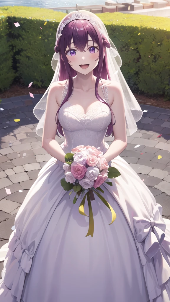 masterpiece, best quality, highres, 1girl, solo, long hair, purple hair, braid, purple eyes, wedding dress, standing, garden, confetti, holding bouquet, smile, open mouth,