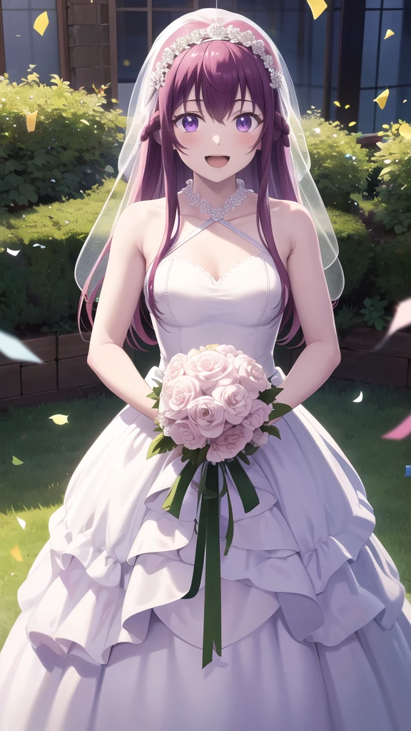 masterpiece, best quality, highres, 1girl, solo, long hair, purple hair, braid, purple eyes, wedding dress, standing, garden, confetti, holding bouquet, smile, open mouth,