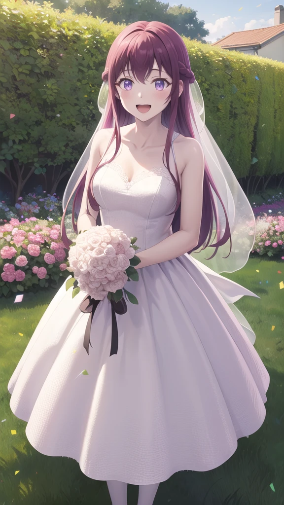 masterpiece, best quality, highres, 1girl, solo, long hair, purple hair, braid, purple eyes, wedding dress, standing, garden, confetti, holding bouquet, smile, open mouth,