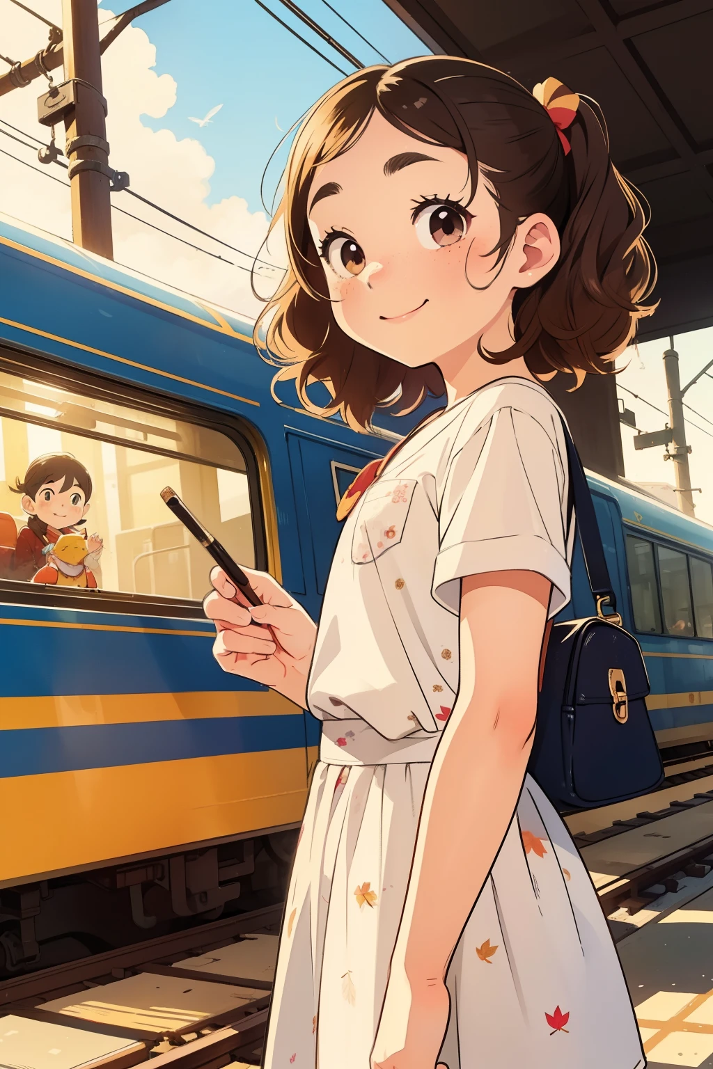 masterpiece，Best Quality，Cute doodles，Cheerful, Honor student， young  ，baby face，Very short，  flat chest， thin thighs， curly hair ,   twin tail hair ，Vibrant, Curious eyes，Freckles，  thick eyebrows， open fly，Waiting for the train in front of a small station， Jojo Fashion ，smile，Red cheeks， A little embarrassing ，autumn，autumnの夜空，autumnの紅葉，bright，Low Angle，bright色，watercolor， precise and detailed female fingers ，Petting a cat，