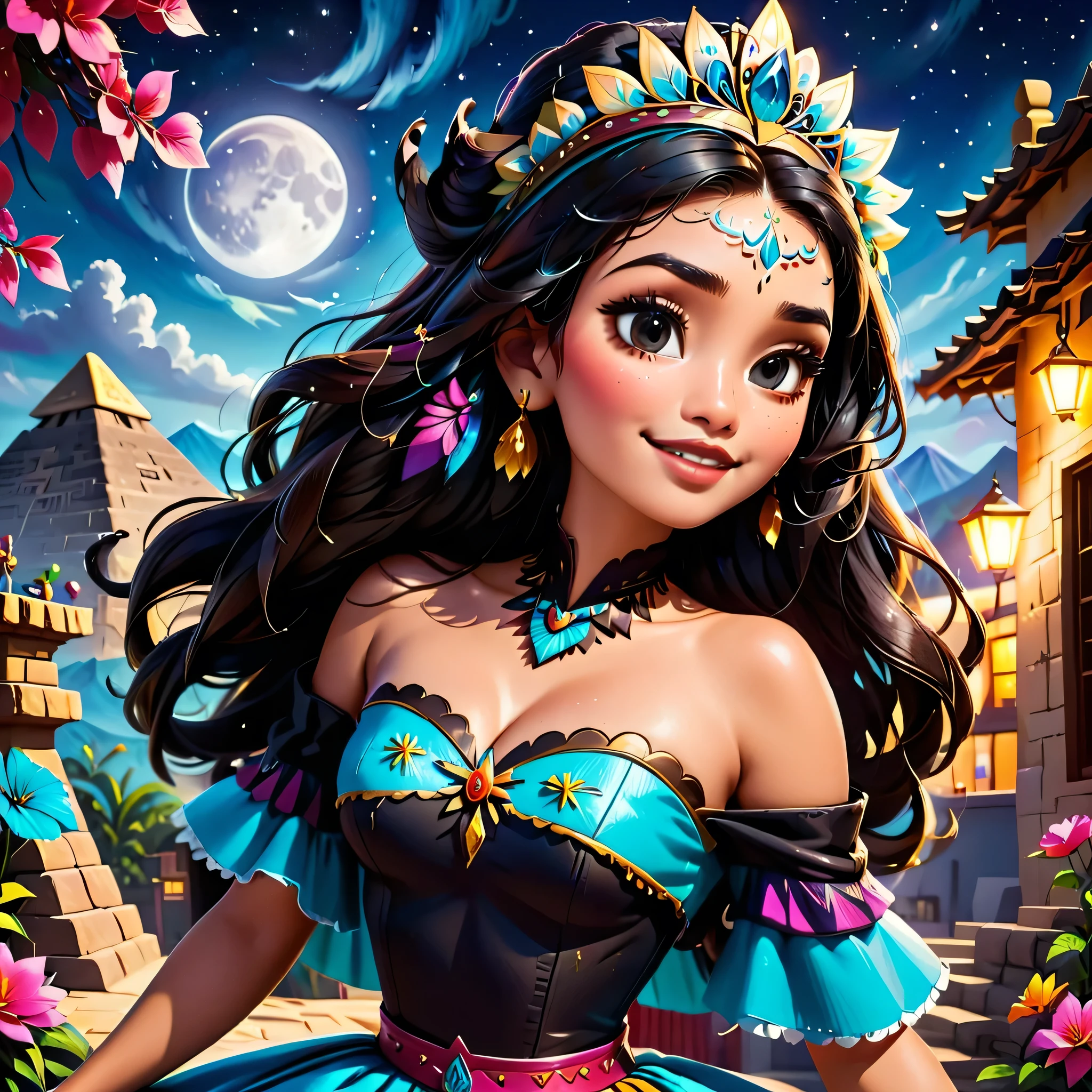  Princess Raya Disney version catrina , young,  female juvenile body , (0.5), extremely long hair , Hairstyle , dark brown color, Light brown eyes,  dressed in a strapless charro ,  with turquoise corcet gold decorations (0.5),  big breasts , smile, pink lips (0.5), compassionate look , painted the entire face in white ,  drawing of a half circle on the sides of the eye and filling with the color up to the height of the eye ,  painted the area with black shadow and complete the circle ,  a trace of petals and decorated lines around the eye frame and placing false eyelashes ,  I draw a diagonal line under the cheekbones ,  blurred downwards applying little by little more shade until reaching the jaw ,  painted the tip of the nose like a curve in black , labial azul en el centro de los labios en forma de corazón y proceder a pintar los dientes en forma de smile con pintura negra parte superior del cuerpo, walking at night (0.5), alone, starry sky ,  pyramid in a staggered shape ,  It has four sides ,  a rectangular platform 55 . 5 meters wide and 24 meters high .  Each side has 91 steps ,  2 volcanoes shining in the moonlight ,  Open mouth, alta resolución,  masterpiece , Anatómicamente correcto, necessary, la mejor calidad,  Awarded many times, Detail, Damaged, Details altos, HD model, quality,  high quality,  improvement, Retina, 