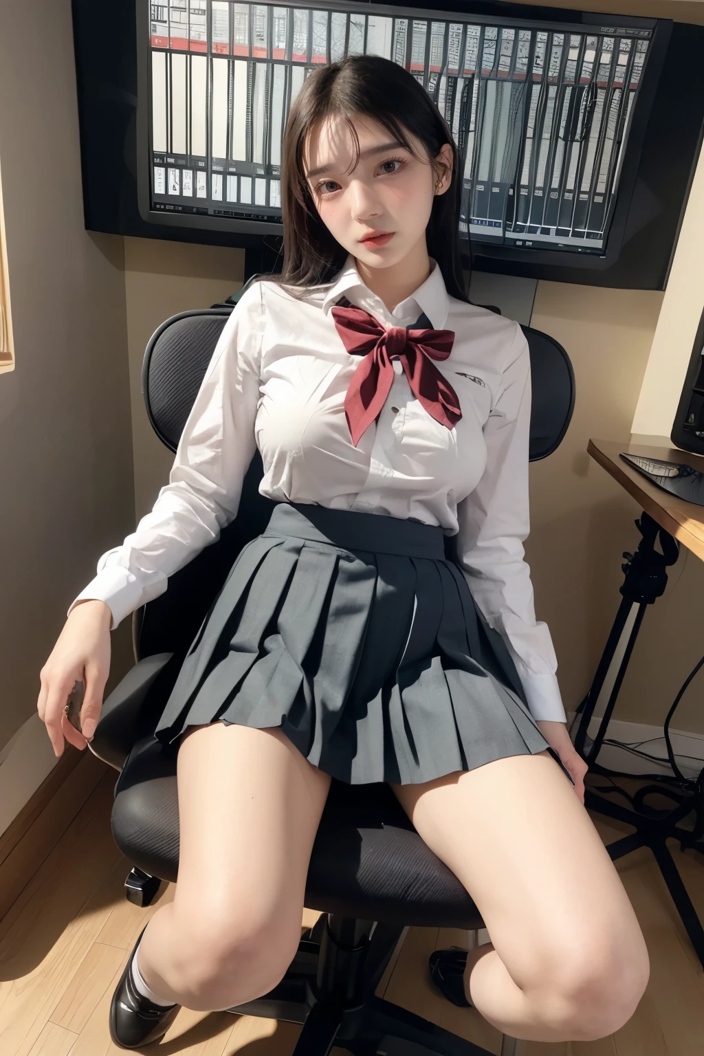 Masterpiece, 8K, High school girl, Photorealistic, (Plump breast:1.2), (sitting in (Recording Studio) chair  with her legs spread wide:1.3), (( shot from the bottom of the front:1.2)), (From below:1.5), Bob hair, (School uniform:1.3), staring at viewers, Red face, 

BREAK , ((pleated skirt, mini skirt):1.3), ((loafers):1.2),



