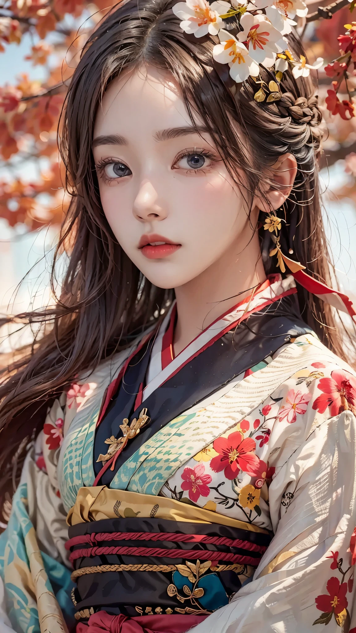 Realistic, high resolution, soft light, one female, solo, long hair, red hanbok, jewels, cherry blossoms