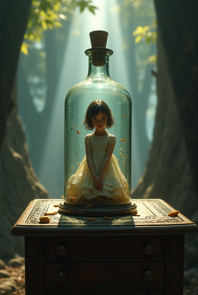 a petite girl, trapped inside of a bottle on an ancient desk in the middle of a clearing centered in dark woods