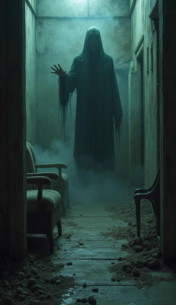 abandoned mansion, FIRST PERSON POINT of an arm holding a lamp in its hand, Inside the mansion, Scary ghost with maniacal smile and look attacking