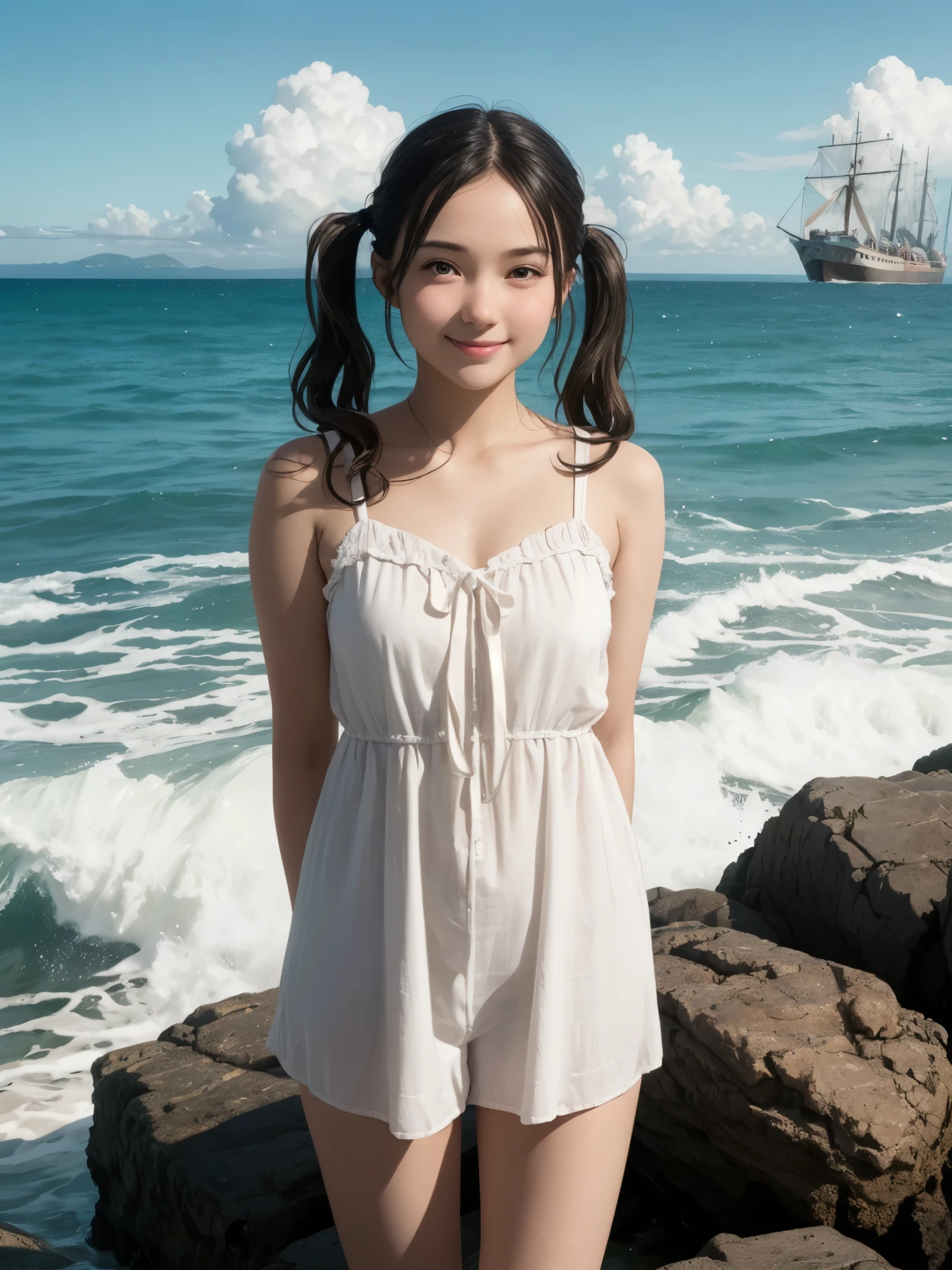 girl, hands behind back, high twintails, middle-parted bangs, smile, closed-mouth, shy expressions, blush, thighs, in the beach, summer, ocean horizon, white cloud, gentle waves, post-apocalyptic, ship on a rocky shore, detailed, realistic, high quality,