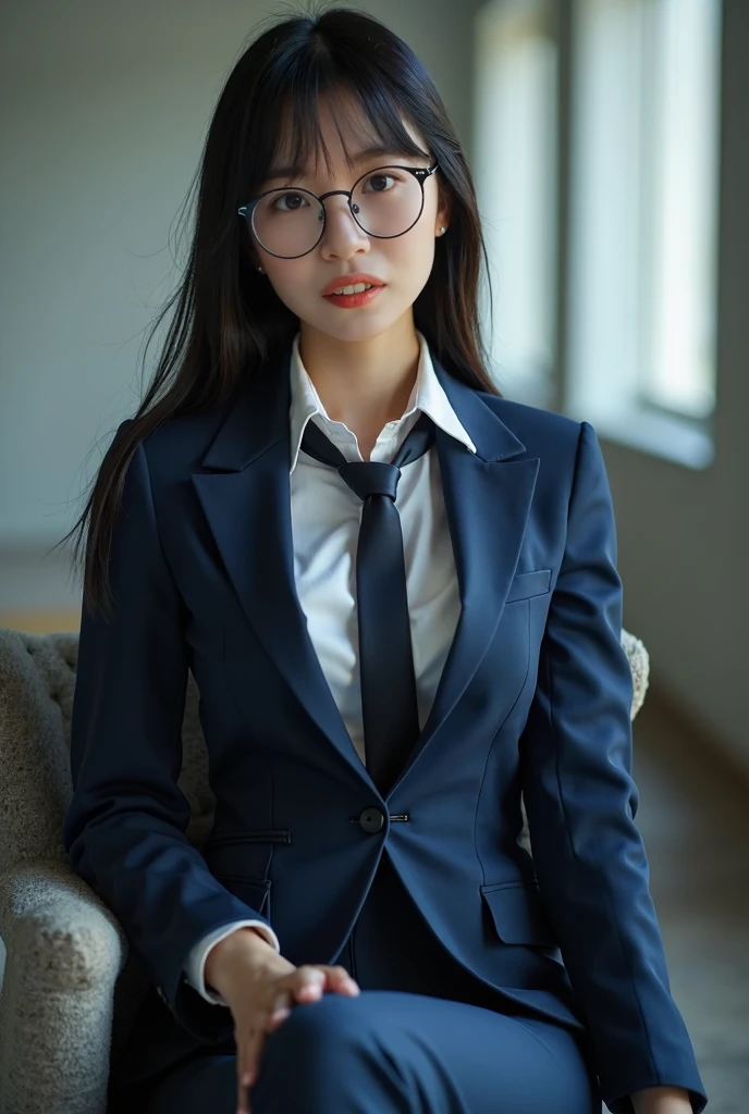 ((best quality)), ((masterpiece)), (detailed), (photorealistic:1.4), best quality, masterpiece, ultra high res, 1girl, (detailed face:1.2), (detailed eyes:1.2), (detailed hair:1.2), (detailed clothes:1.2), 4k, (detailed color:1.2), perfect face, beautiful body, pretty face, teenager female, perfect body, Ultra-high detail, Photorealism, Intimate atmosphere, flowing light, black straight hair, ponytail, glasses, wear a black coat, black coat, business coat, white blouse, polite uniform, white business blouse, black tie, black skirt, boss coat, black pantyhose, luxury pantyhose, sit on the boss chair, office room, facing at viewer