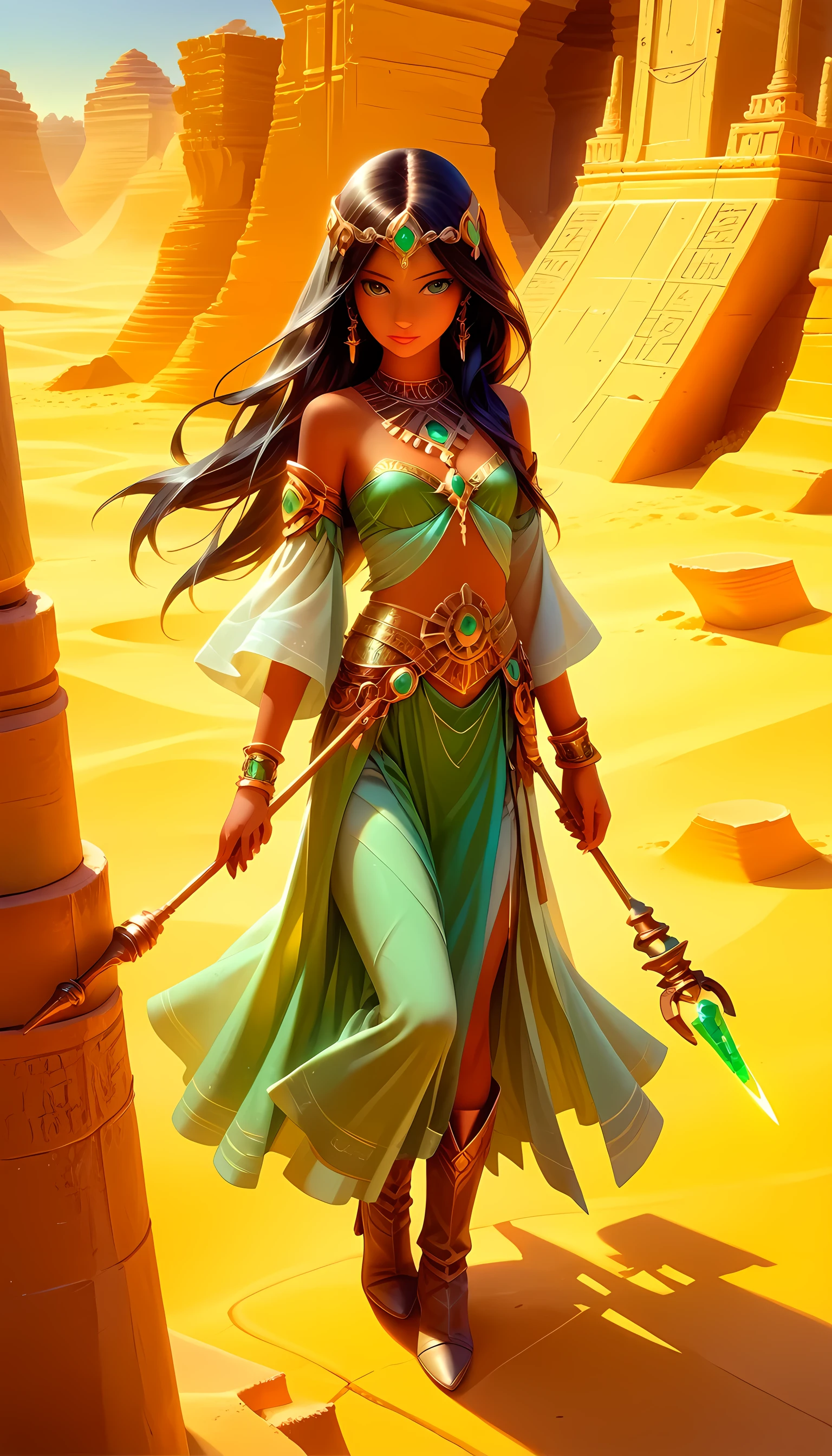 score_9, score_8_up, score_7, fantasy art, RPG art, a female druid in an oasis in the desert, a beautiful human druid, cleric of nature, dark hair, long hair, tan skin, wearing long robe, small cleavage, wearing high heel boots, holding a staff, casting a green magical spell. planting a small tree, there is a small spring in the desert, some palm trees, desert canyon background, Ultra-high resolution, High Contrast, (masterpiece:1.5), highest quality, Best aesthetics), 16K fantasy art, best details, best quality, highres, (ultra wide angle: 1.2), 16k, [ultra detailed], masterpiece, best quality, (extremely detailed), DruidMagicAI