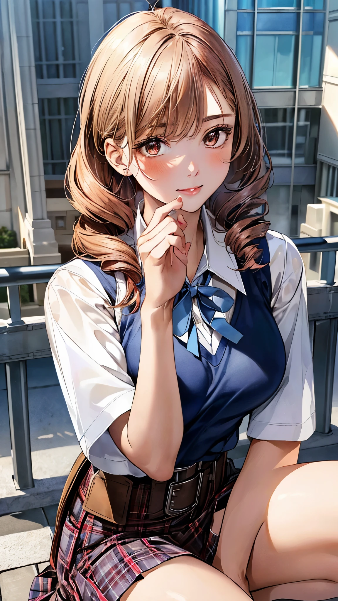 (masterpiece:1.3, top-quality, ultra high res, ultra detailed), (realistic, photorealistic:1.2), beautiful illustration, perfect lighting, natural lighting, colorful, depth of fields, (face focus, upper body),
beautiful detailed hair, beautiful detailed face, beautiful detailed eyes, beautiful clavicle, beautiful body, beautiful chest, beautiful thigh, beautiful legs, beautiful hands, shiny skin,
looking at viewer, 1 girl, high school girl, (perfect anatomy, anatomically correct, super detailed skin), cute and symmetrical face, babyface, perfect face, perfect eyes, perfect fingers,
(middle hair, drill hair, sandy beige hair), ((hair pulled back)), light brown eyes, long eyelashes, (large breasts, seductive thighs), slender, outstanding style,
((detailed cloth texture, light blue , school vest, tight skirt, belt, white collared shirt), red plaid hair ribbon),
(beautiful scenery), late afternoon, (riverside), walking, (smiling kindly:1.2),