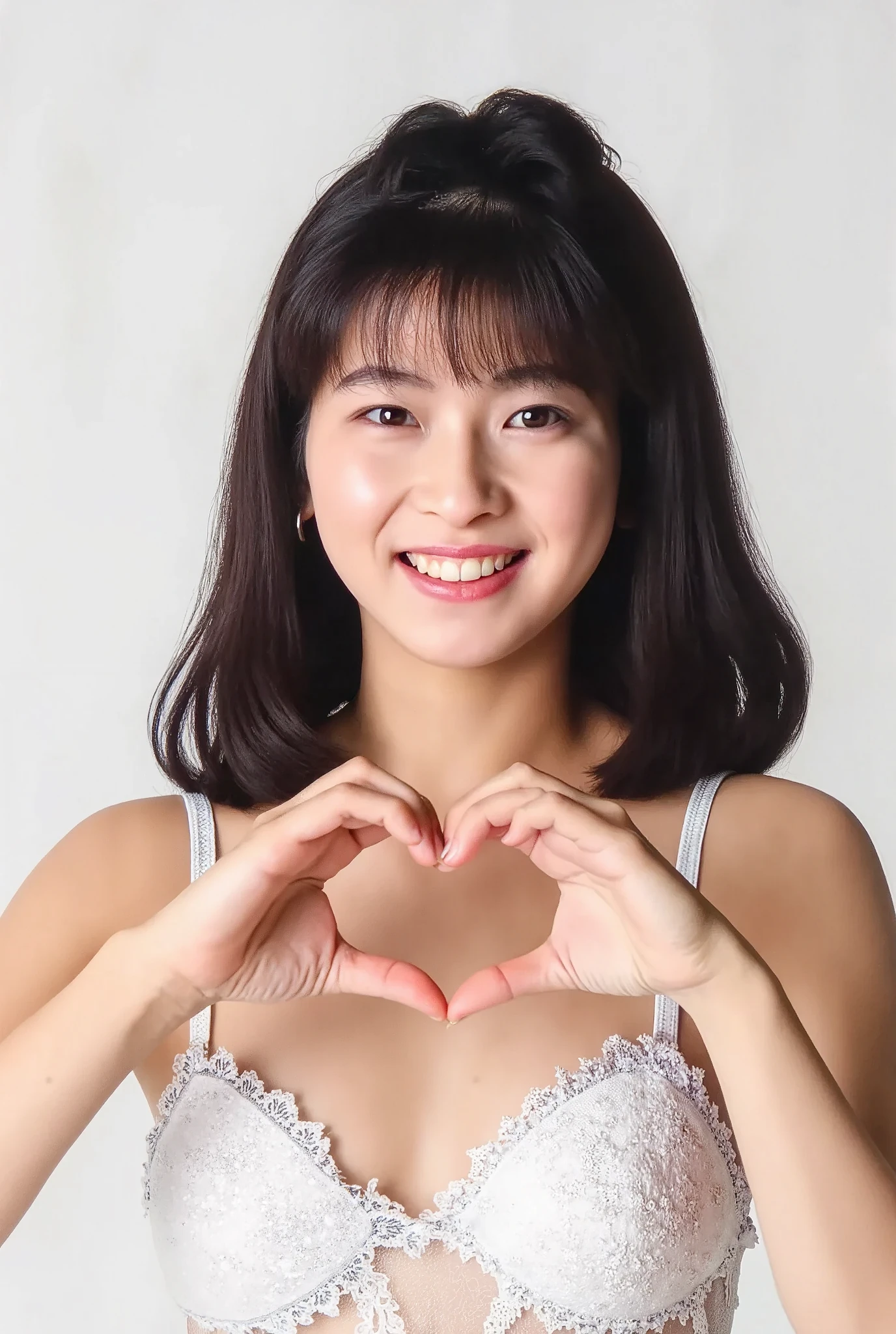 She is in a pose wearing a sexy camisole, making a firm big heart shape with both hands, and holding it in front of her chest, Cute smile up、Monotone background

