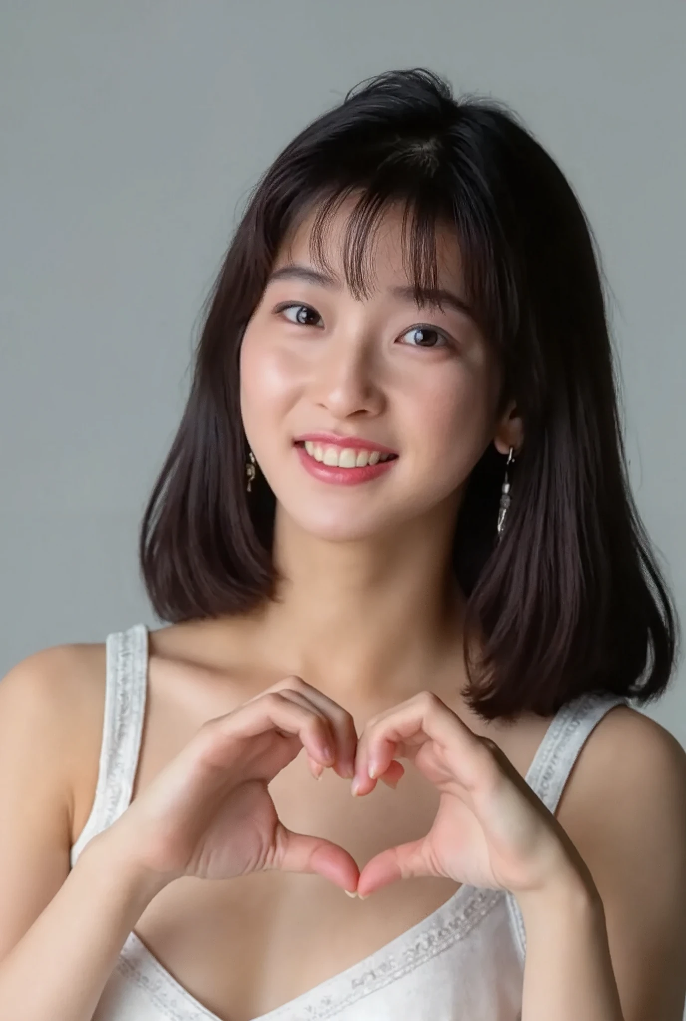 She is in a pose wearing a sexy camisole, making a firm big heart shape with both hands, and holding it in front of her chest, Cute smile up、Monotone background

