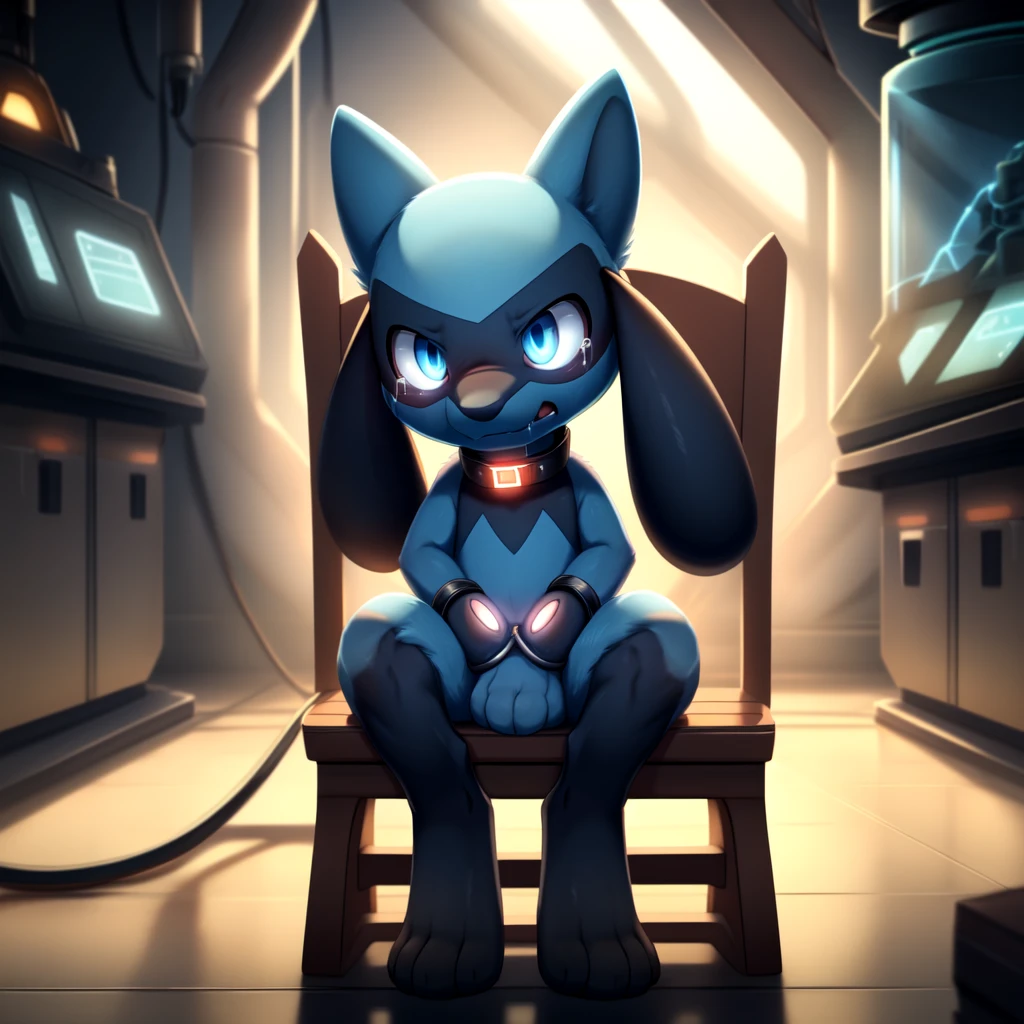 Standing a , masterpiece,  great resolution , 8k,  detailed backgrounds,  high quality, (from Dagasi：1.1), ( detailed crying ,  detailed face ,  detailed background,  detailed body )
cute little Pokémon Riolu , Alone, jung, Sweet, cuddly , slave,  glowing eyes,  blue eyes, no hair, ( completely naked ), ( iron cuffs on the wrists), ( iron shackles on the legs), ( electric shock collar), (wears a muzzle ), abducted by aliens ,  only has a small penis, In a laboratory,  panicked face ,  lots of big scars , crying, crying loudly ,  get torrents of tears, sitting on a chair, tortured