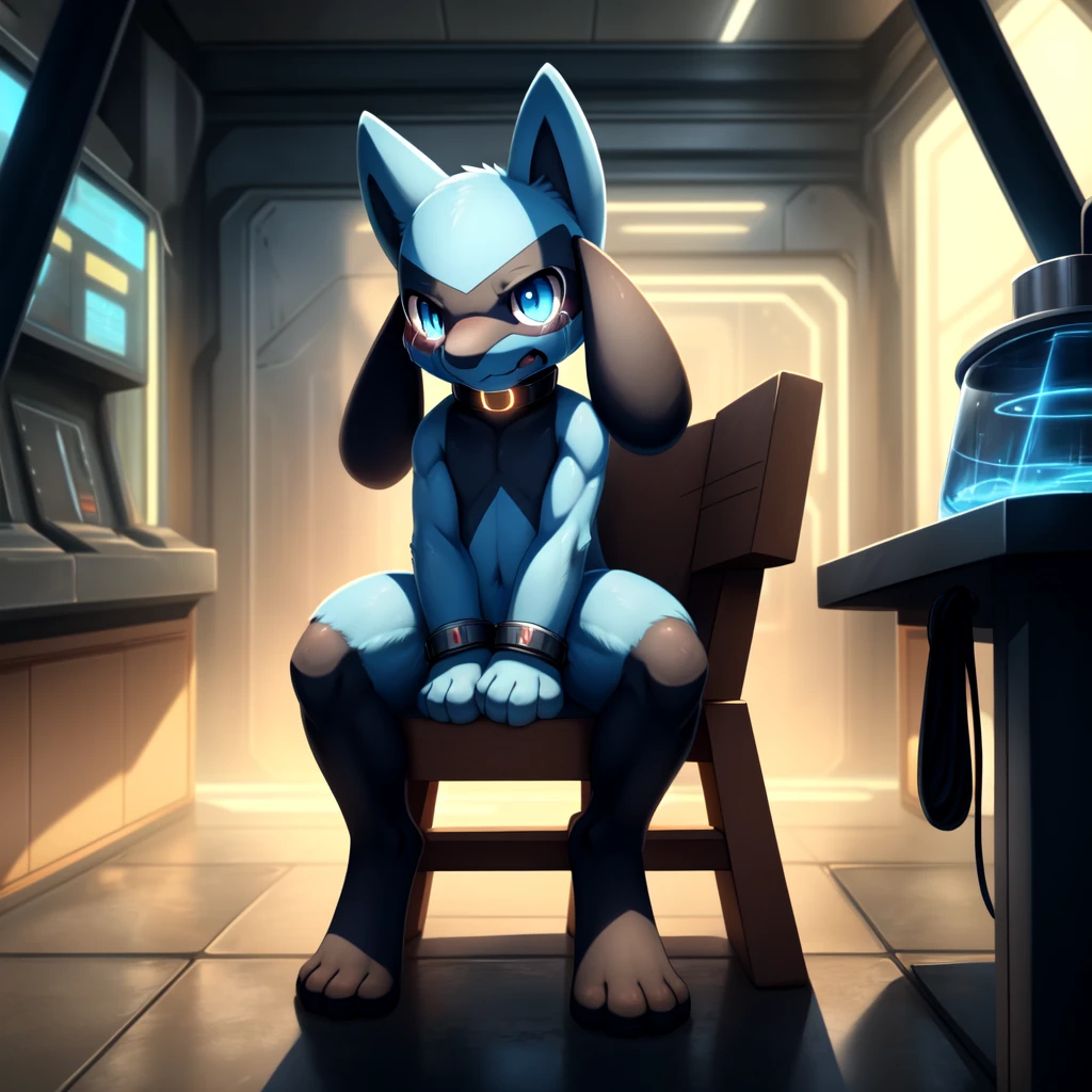 Standing a , masterpiece,  great resolution , 8k,  detailed backgrounds,  high quality, (from Dagasi：1.1), ( detailed crying ,  detailed face ,  detailed background,  detailed body )
cute little Pokémon Riolu , Alone, jung, Sweet, cuddly , slave,  glowing eyes,  blue eyes, no hair, ( completely naked ), ( iron cuffs on the wrists), ( iron shackles on the legs), ( electric shock collar), (wears a muzzle ), abducted by aliens ,  only has a small penis, In a laboratory,  panicked face ,  lots of big scars , crying, crying loudly ,  get torrents of tears, sitting on a chair, tortured