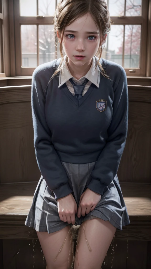 girl in school uniform, peeing her skirt, realistic, photorealistic, detailed face, beautiful eyes, long eyelashes, detailed facial features, embarrassed expression, desperate, wet clothes, puddle, dynamic pose, natural lighting, highly detailed, cinematic, 8k, unreal engine, artstation, indoors, seamless, clean, soft colors