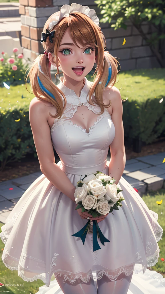 (masterpiece, best quality), 1girl,  1girl, solo, blonde hair, low twintails, hair bow, green eyes, wedding dress, standing, garden, confetti, holding bouquet, smile, open mouth,