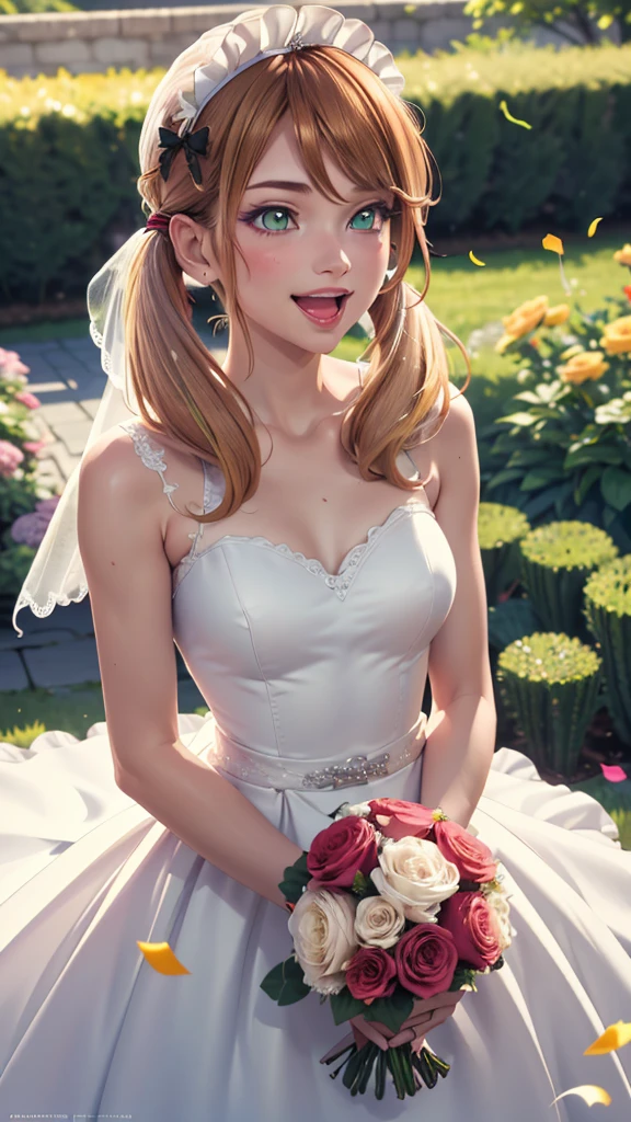 (masterpiece, best quality), 1girl,  1girl, solo, blonde hair, low twintails, hair bow, green eyes, wedding dress, standing, garden, confetti, holding bouquet, smile, open mouth,