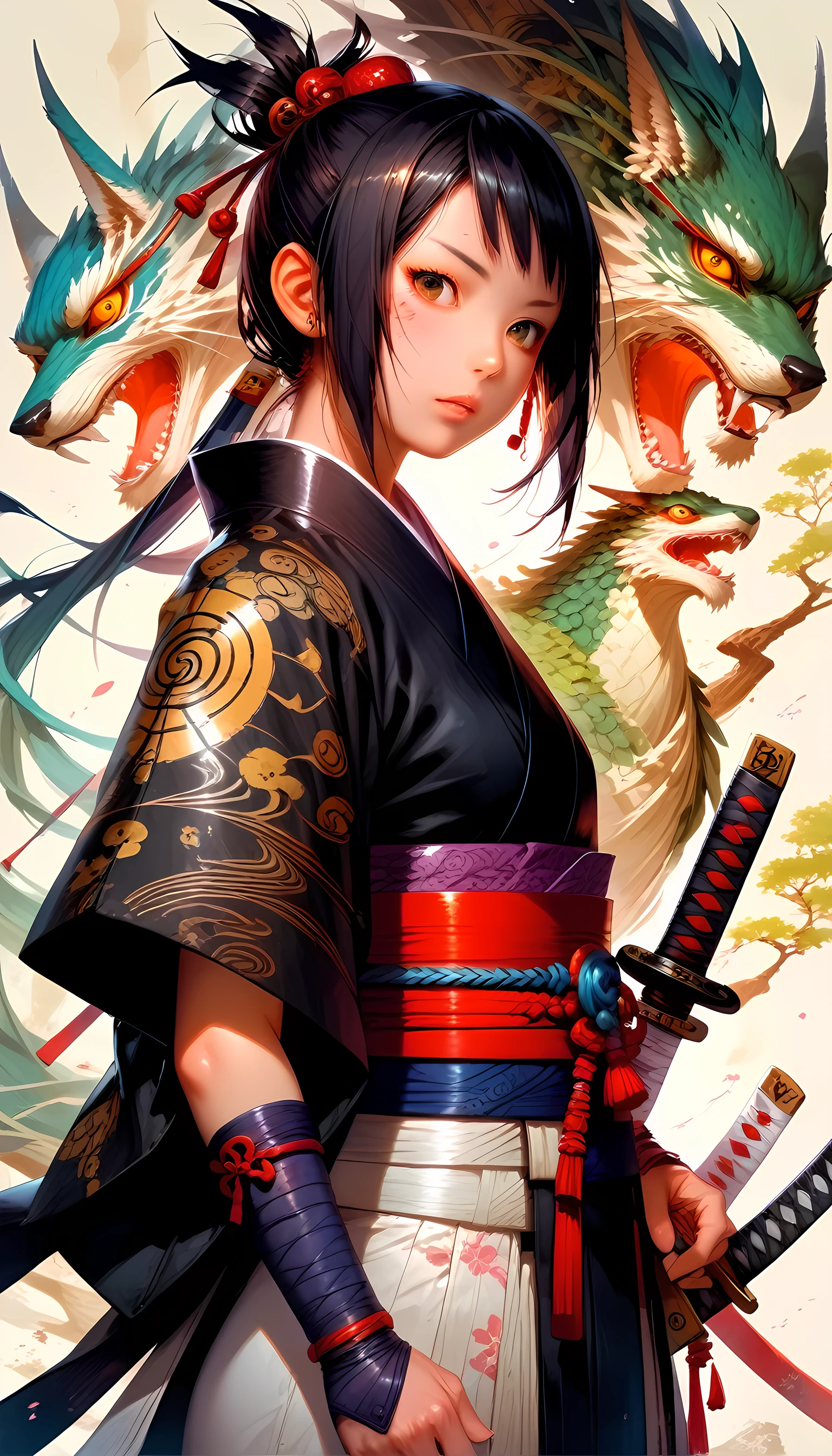 score_9, score_8_up, score_7, a picture of Japanese female samurai, she has long black hair, wearing samurai armor, armed with a katana, ready for battle, dynamic angle, Japanese fantasy art, 16k, highres, best quality, high details, ultra detailed, masterpiece, best quality, (extremely detailed), arafed, dnd art, JapaneseKatana, wtrcolor style