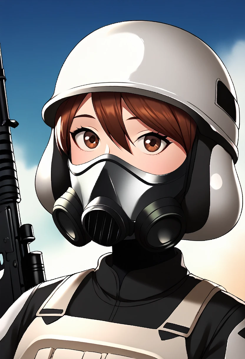 score_9, score_8, score_7, BREAK stormtrooper, helmet, brown hair, brown eyes, short hair, gas mask, covered face, scope, hair between eyes, smile, assault rifle