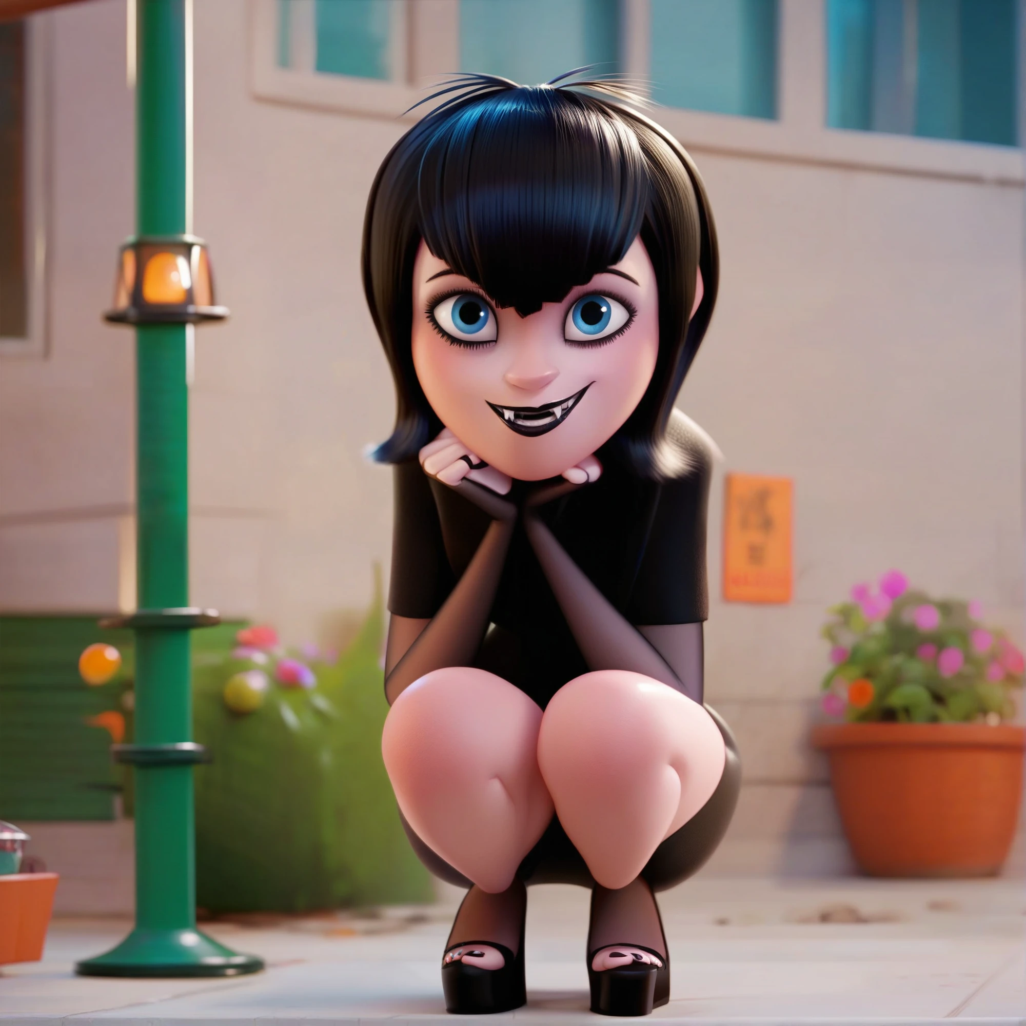 m_Mr,  1girl, vampire,  black hair , Mrолубые Mrлаза, goth makeup,  looks at the viewer, squat, front view, spreaMring legs, platform heels, score_9, score_8_up, score_7_up, very big black lips