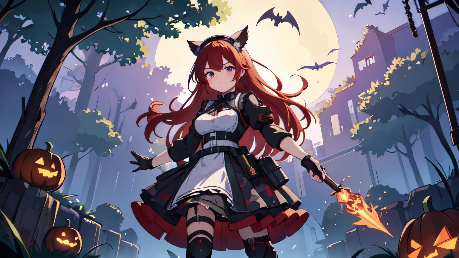 halloween background banner, 1girl, witch girl, anime witch, witch pose, A multicolor-haired sorceress with mesmerizing eyes and enchanting lips stands in a magical night garden, hengertips reaching out for a crow. The scene is bathed in a mysterious glow, with soft moonlight casting shadows on the lush foliage surrounding her. The witch is dressed in a flowing robe adorned with intricate patterns. The crow, with feathers as dark as the night, perches on a twisted branch, its eyes filled with intelligence and mischief. As the sorceress extends her hand, a subtle swirl of vibrant red and purple magic begins to envelop her and the crow. The atmosphere is filled with an air of both danger and intrigue, as if the witch is about to embark on an epic quest in a mystical RPG adventure. Emphasis on ultra-detailed elements, realistic textures, and vivid colors. The lighting is carefully crafted to create a sense of depth and drama, with moonlight casting delicate highlights and shadows on the witch and her surroundings. Capturing the essence of witchcraft and the allure of a sorceress immersed in a world of magic and mystery, high quality, maid, military, tactical maid, black leather fingerless gloves, 1girl solo, maid dress, maid outfit, tactical equipment, tactical leg straps, tactical, looking at viewer, military straps, military harness, military light vest, two-tone hair, ((halloween camouflage)), ((1girl)), tactical maid, tactical clothes red camouflage, (tactical witch) light vest, tactical light equipment, Tactical boots, tactical straps, tactical fingerless gloves, tactical harness, maid battle, tactical thigh belt, anime maid, tactical joint protections, Knee Pads and Elbow Pads Tactical Protection, full body, athletic body, military straps, red camouflage uniform, red camouflage maid clothes, maid red camouflage dress, red command, e-girl make up, atletic body, red hair, elegant hairstyle, combat pose, standing pose, communications diadem, tactical straps, exposed