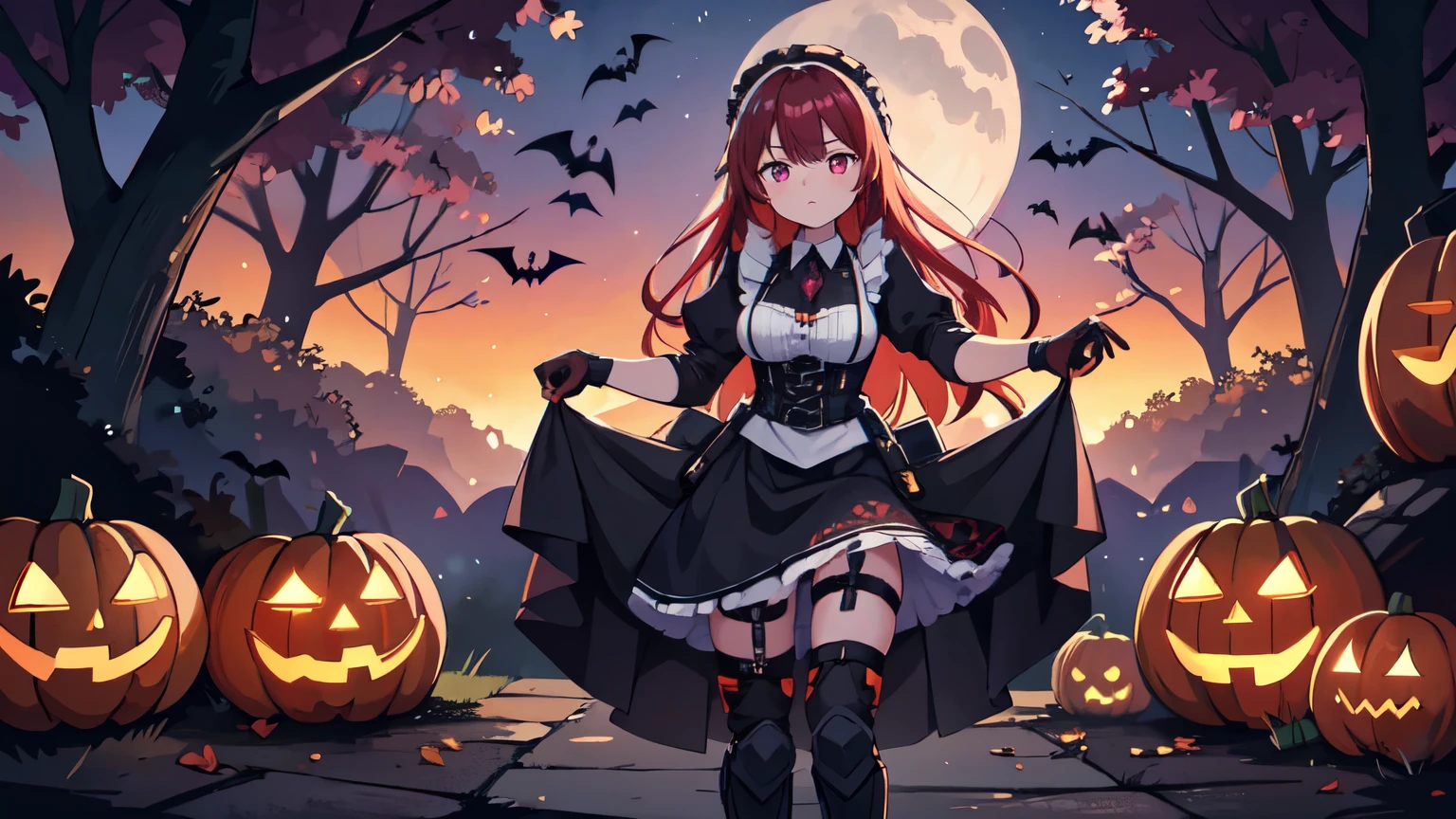 halloween background banner, 1girl, witch girl, anime witch, witch pose, A multicolor-haired sorceress with mesmerizing eyes and enchanting lips stands in a magical night garden, hengertips reaching out for a crow. The scene is bathed in a mysterious glow, with soft moonlight casting shadows on the lush foliage surrounding her. The witch is dressed in a flowing robe adorned with intricate patterns. The crow, with feathers as dark as the night, perches on a twisted branch, its eyes filled with intelligence and mischief. As the sorceress extends her hand, a subtle swirl of vibrant red and purple magic begins to envelop her and the crow. The atmosphere is filled with an air of both danger and intrigue, as if the witch is about to embark on an epic quest in a mystical RPG adventure. Emphasis on ultra-detailed elements, realistic textures, and vivid colors. The lighting is carefully crafted to create a sense of depth and drama, with moonlight casting delicate highlights and shadows on the witch and her surroundings. Capturing the essence of witchcraft and the allure of a sorceress immersed in a world of magic and mystery, high quality, maid, military, tactical maid, black leather fingerless gloves, 1girl solo, maid dress, maid outfit, tactical equipment, tactical leg straps, tactical, looking at viewer, military straps, military harness, military light vest, two-tone hair, ((halloween camouflage)), ((1girl)), tactical maid, tactical clothes red camouflage, (tactical witch) light vest, tactical light equipment, Tactical boots, tactical straps, tactical fingerless gloves, tactical harness, maid battle, tactical thigh belt, anime maid, tactical joint protections, Knee Pads and Elbow Pads Tactical Protection, full body, athletic body, military straps, red camouflage uniform, red camouflage maid clothes, maid red camouflage dress, red command, e-girl make up, atletic body, red hair, elegant hairstyle, combat pose, standing pose, communications diadem, tactical straps, exposed