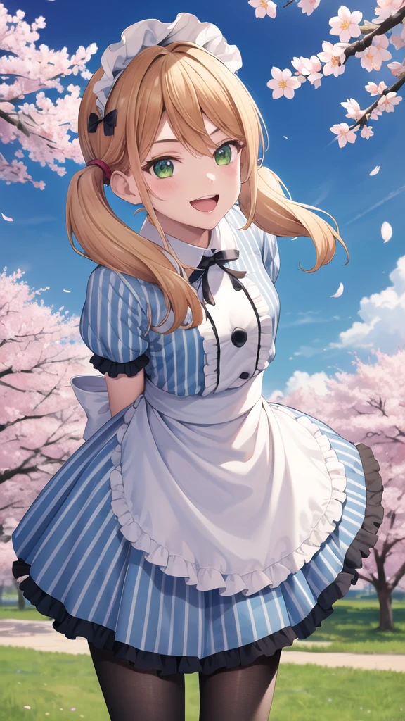 masterpiece, best quality, highres, 1girl, solo, blonde hair, low twintails, maid headdress, hair bow, green eyes, neck ribbon, frills, vertical stripes, blue dress, short sleeves, apron, black pantyhose, arms behind back, standing, leaning forward, smile, open mouth, cowboy shot, outdoors, cherry blossoms