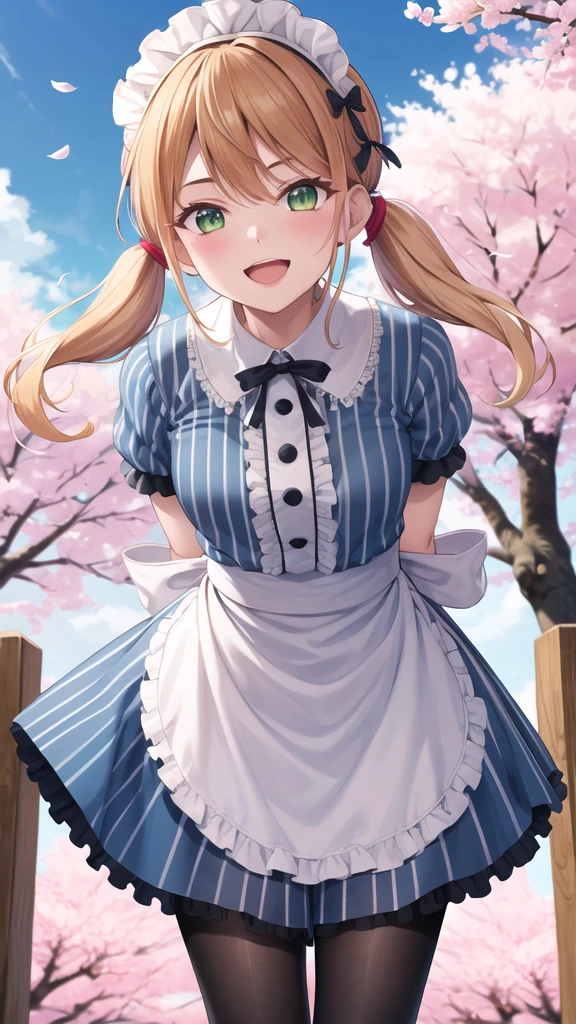 masterpiece, best quality, highres, 1girl, solo, blonde hair, low twintails, maid headdress, hair bow, green eyes, neck ribbon, frills, vertical stripes, blue dress, short sleeves, apron, black pantyhose, arms behind back, standing, leaning forward, smile, open mouth, cowboy shot, outdoors, cherry blossoms