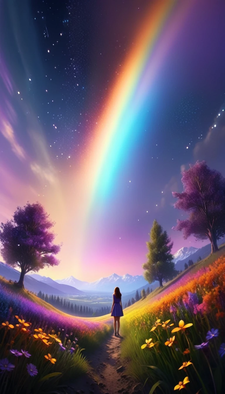  Huge panoramic photo , (bottom view,  sky above and open field below ),  A girl stands in a field of flowers and looks up, (Take the key: 1.2), (meteor: 0.9), (nebulosa: 1.3),  Distant mountains ,  BREAK Creating artistic trees , (warm light: 1.2), (fireflies: 1.2), Lights,  Lots of purples and oranges , complex parts, volumetric lighting, realism (first job: 1.2), ( Better quality), 4k,  Ultra detailed, ( dynamic composition : 1.4),  Very detailed and colorful details , (rainbow colors : 1.2), ( bright lighting ,  atmospheric lighting ), dreamer, magic, (One: 1.2)