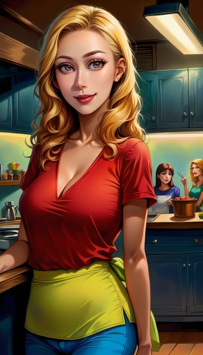  score_9, score_8_above, score_7_above, score_6_above, source_cartoon,
Women, b_S, blonde hair, black eyeS,red T-shirt , blue jeanS,  looking at the viewer , smiling, standing,  InSide kitchen , countertop, bright lighting,   alta resolución, Alone,  long hair , breasts,  looking at the viewer , smile,  American flat , private parts bare shy open legs naked HD Model,  tall details ,  masterpiece , alta resolución, boca abierta, blonde hair, 