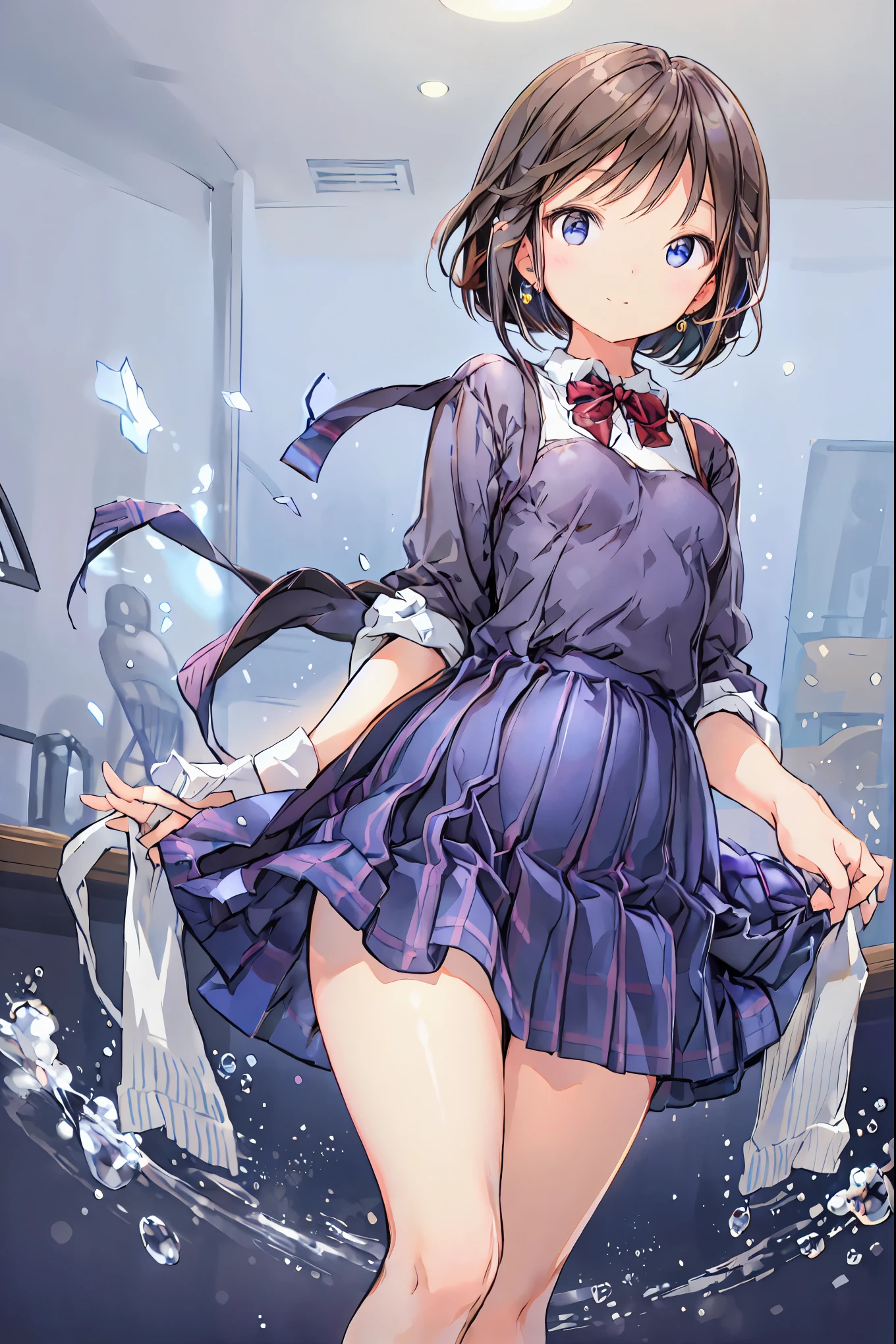 (Best Quality), (  very detailed), (   Best Illustration  ), (masterpiece), (woman),   high-contrast  , (Small breasts), {Brown Hair, (  bob cut  :1.3),   curly hair  ,   hair between eyes  , Internal hair color}, {(fine grain),   blue eyes  }, ,  earrings for a woman alone, wind,Brown Hair，  shortcuts ， Disheveled Hair ， Short braided hair ，Neat，Slender beauty，Correct posture，Small breasts，Beautiful legs， enchanting gray- blue eyes  shine like stars，Droopy eyes，  bright color,  beautiful eyes,A delicate smile, wrinkled skin , Best Quality ,優しくて美しいwoman,アニメwind､