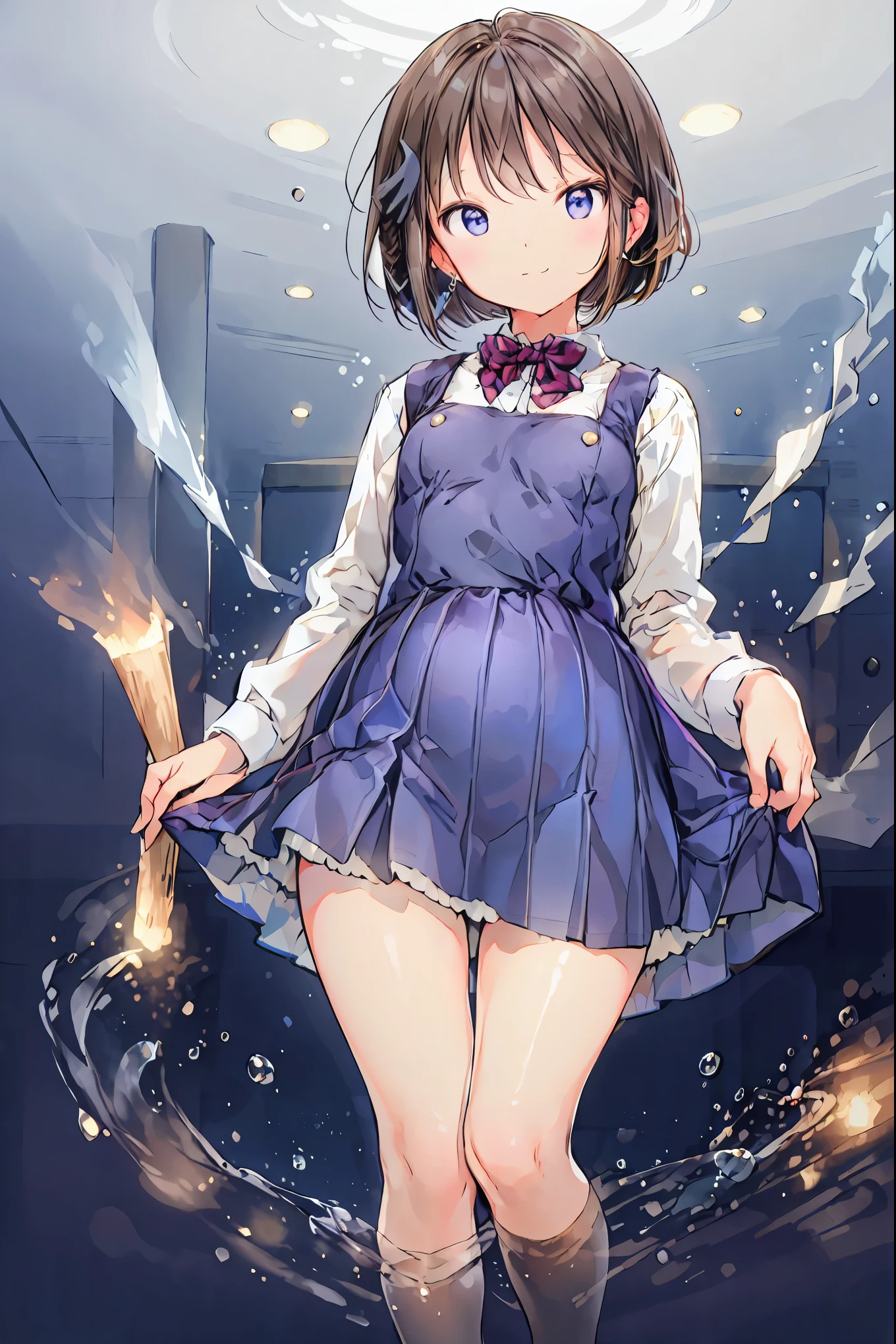 (Best Quality), (  very detailed), (   Best Illustration  ), (masterpiece), (woman),   high-contrast  , (Small breasts), {Brown Hair, (  bob cut  :1.3),   curly hair  ,   hair between eyes  , Internal hair color}, {(fine grain),   blue eyes  }, ,  earrings for a woman alone, wind,Brown Hair，  shortcuts ， Disheveled Hair ， Short braided hair ，Neat，Slender beauty，Correct posture，Small breasts，Beautiful legs， enchanting gray- blue eyes  shine like stars，Droopy eyes，  bright color,  beautiful eyes,A delicate smile, wrinkled skin , Best Quality ,優しくて美しいwoman,アニメwind､