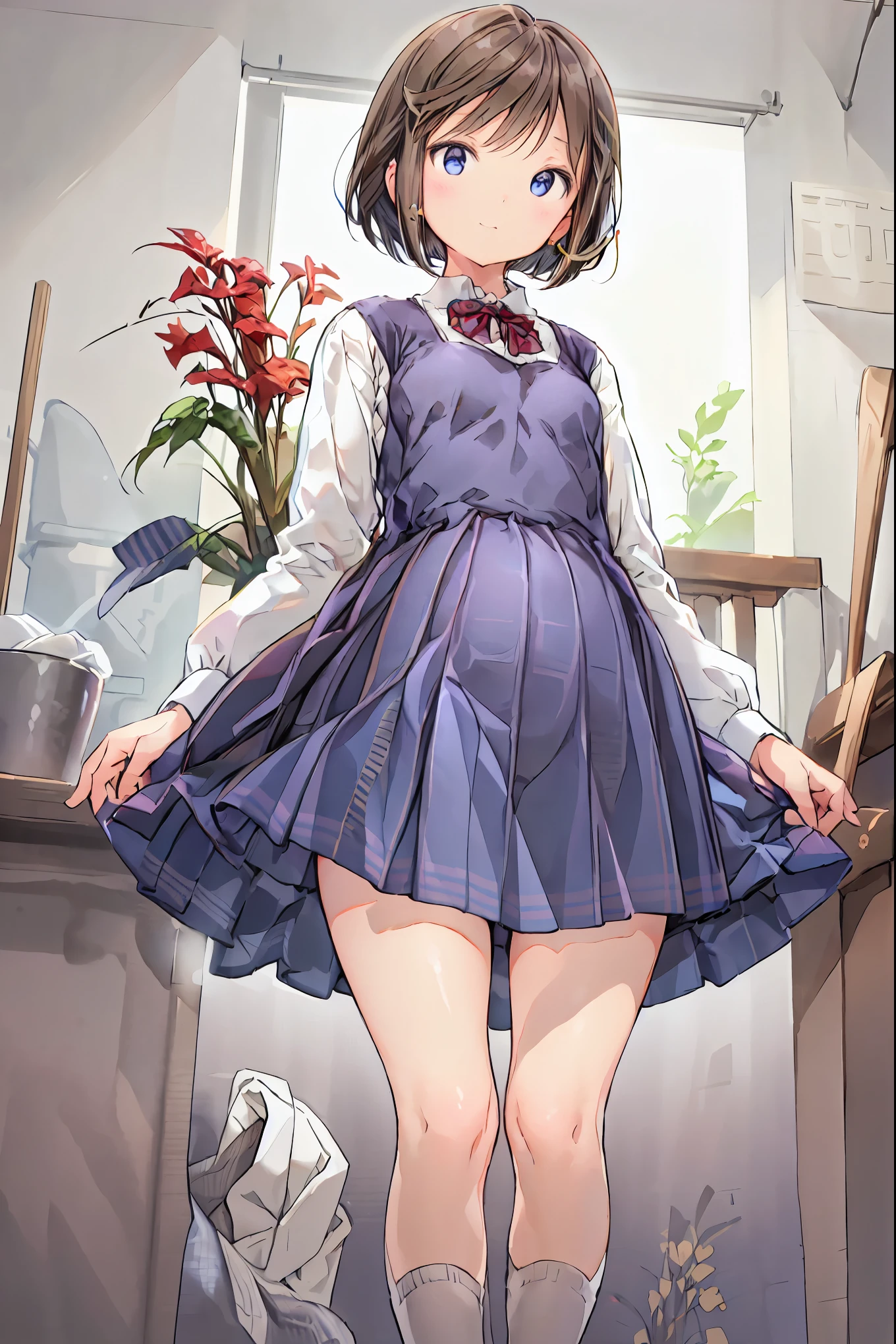 (Best Quality), (  very detailed), (   Best Illustration  ), (masterpiece), (woman),   high-contrast  , (Small breasts), {Brown Hair, (  bob cut  :1.3),   curly hair  ,   hair between eyes  , Internal hair color}, {(fine grain),   blue eyes  }, ,  earrings for a woman alone, wind,Brown Hair，  shortcuts ， Disheveled Hair ， Short braided hair ，Neat，Slender beauty，Correct posture，Small breasts，Beautiful legs， enchanting gray- blue eyes  shine like stars，Droopy eyes，  bright color,  beautiful eyes,A delicate smile, wrinkled skin , Best Quality ,優しくて美しいwoman,アニメwind､