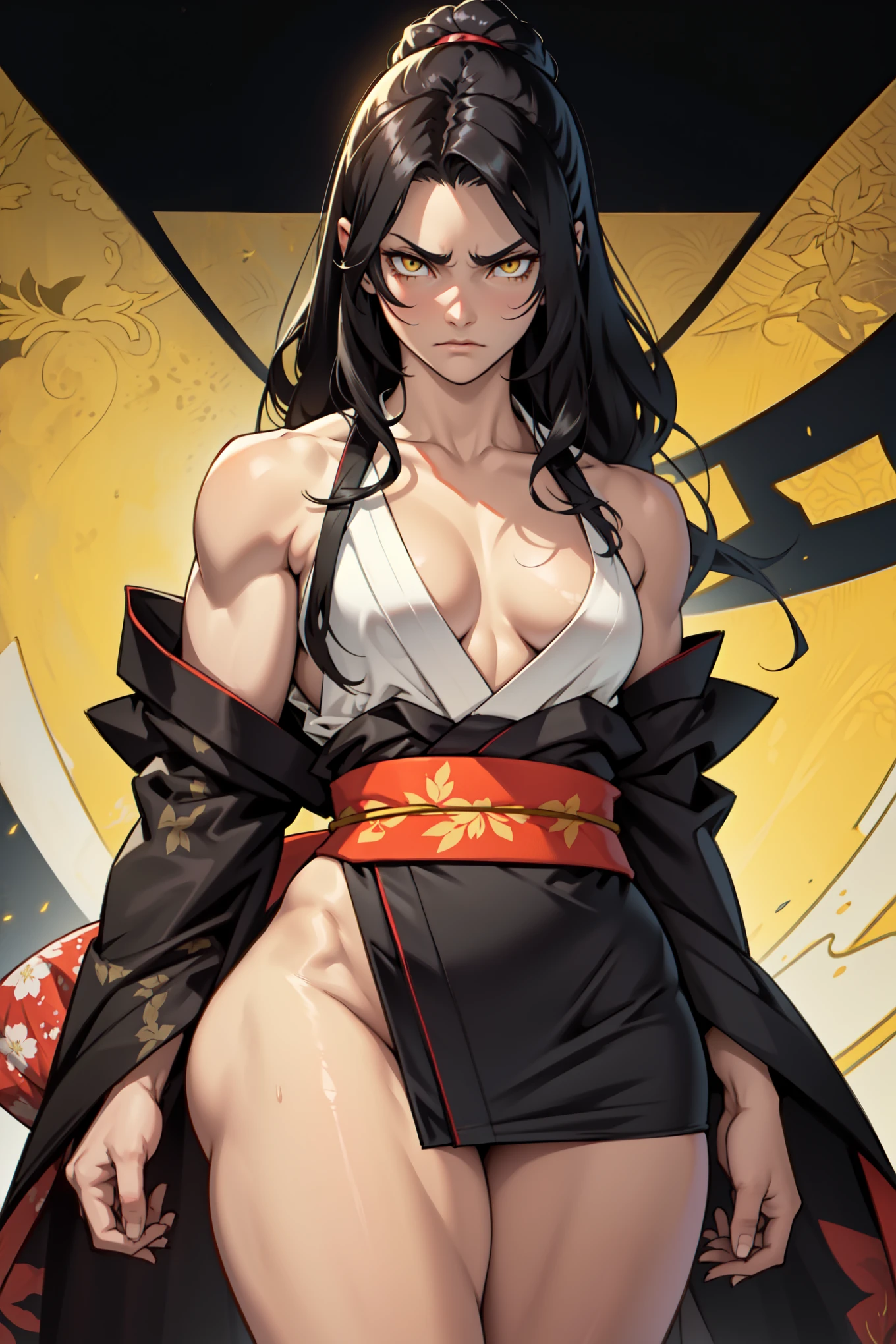 (1girl), black hair, (extremely long hair), yellow eyes, ((muscular)), (kimono), huge breasts, thick thighs, solo, angry, (pale skin)