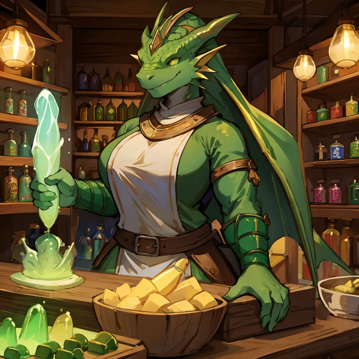 massive green dragon in tight medieval clothing with a massive bulge greets you with a welcoming smile while at the counter in a shop full of glowing potions,
